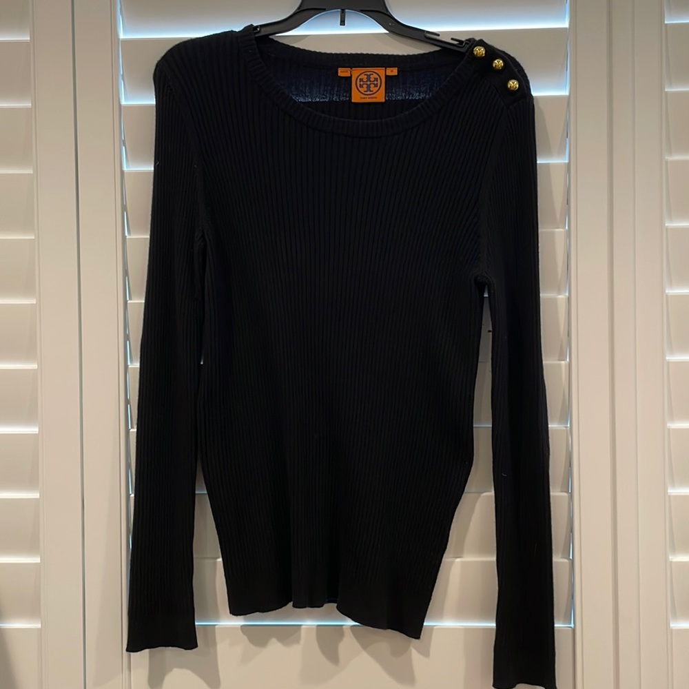 Black Long Sleeve Tory Burch Sweater with Gold Details